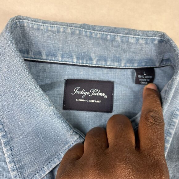 Indigo Palms Linen Button Down Shirt Large Blue Coastal Soft Worn Casual Beachy - Picture 4 of 12